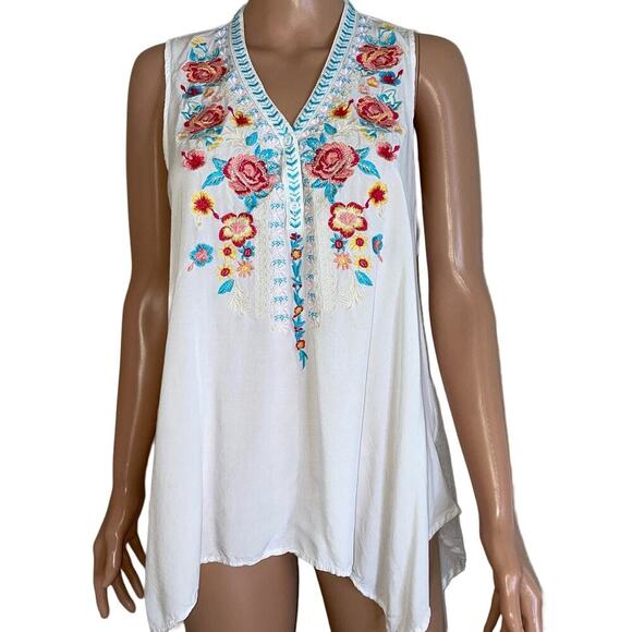 Sweet Jane top blouse embroidered top asymmetrical hem floral mixed media SZ L - Picture 2 of 9